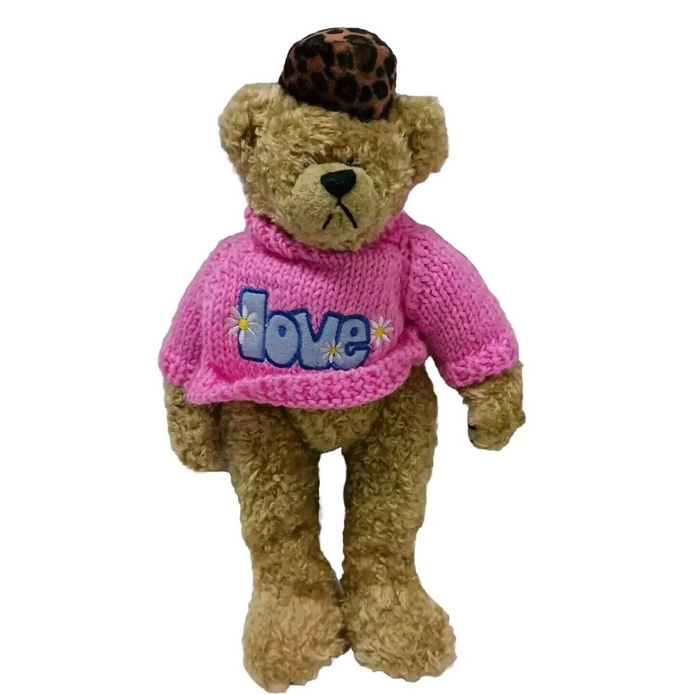 TY Curly Teddy Bear LOVE PINK Sweater Plush Stuffed Stand Sit Limbs Leopard Hat
